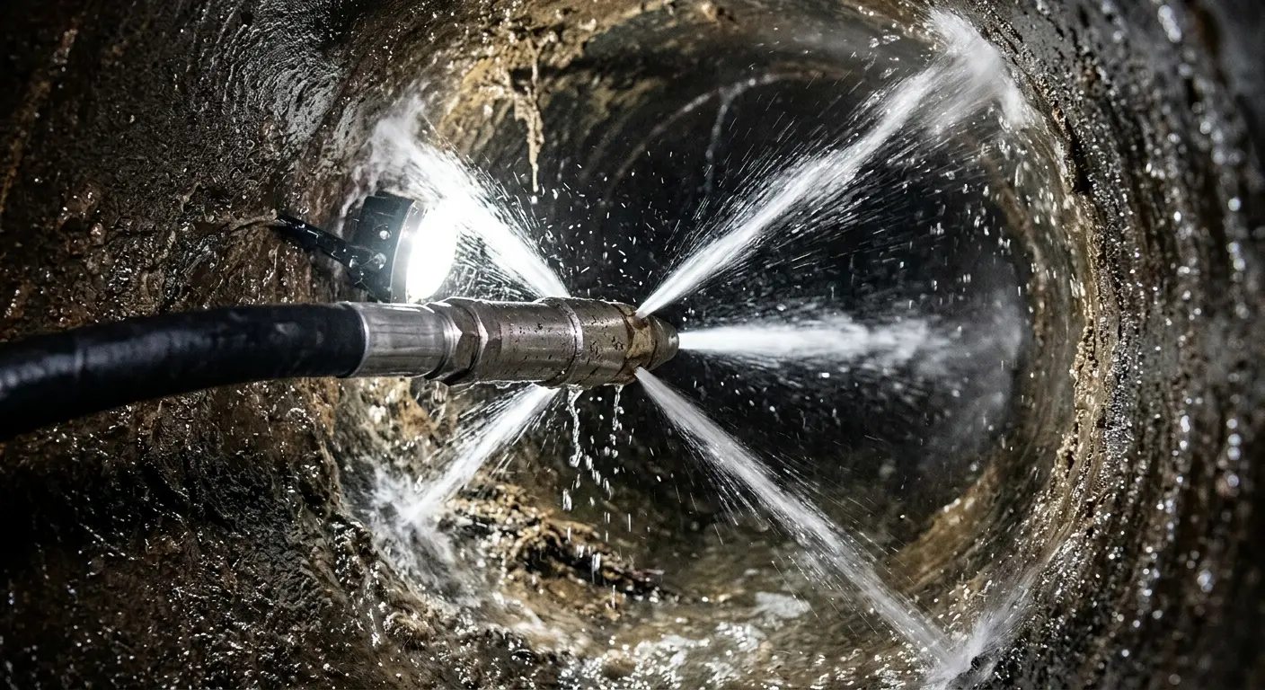 High-pressure hydro jetting nozzle cleaning sewer pipe for Trenchless Sewer Repair in Boulder
