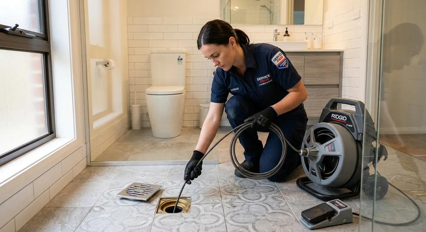 Technician clearing a bathroom floor drain for Sewer Line Installation in Boulder